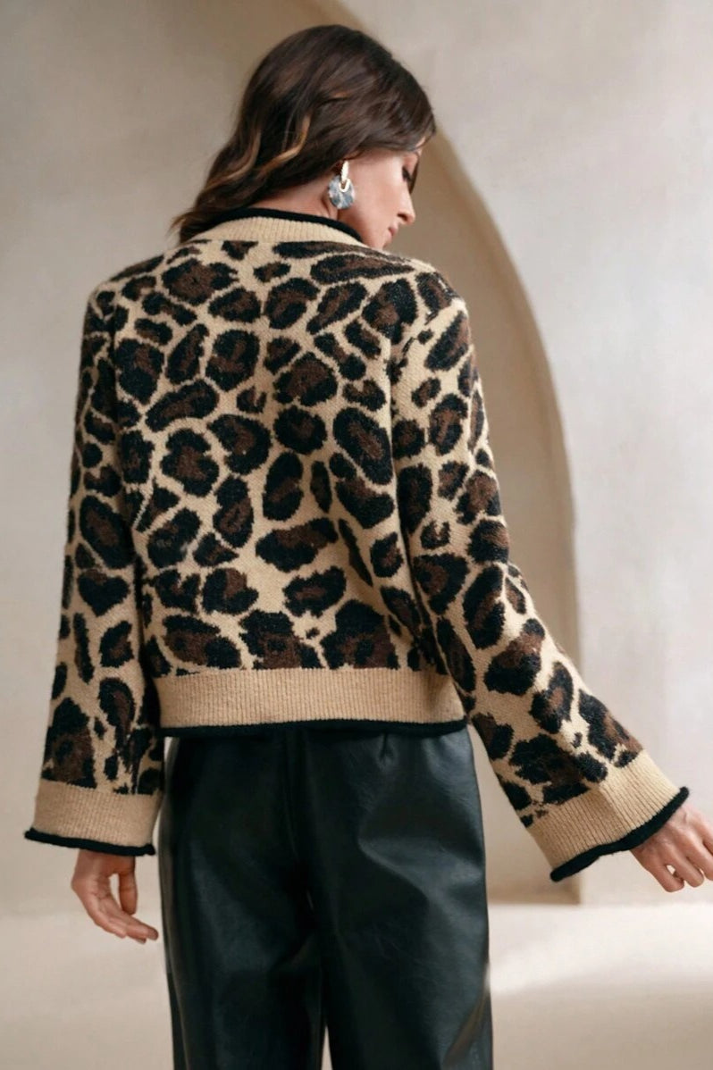 Leopard Print Loose Fit Tie-Front Knit Sweater