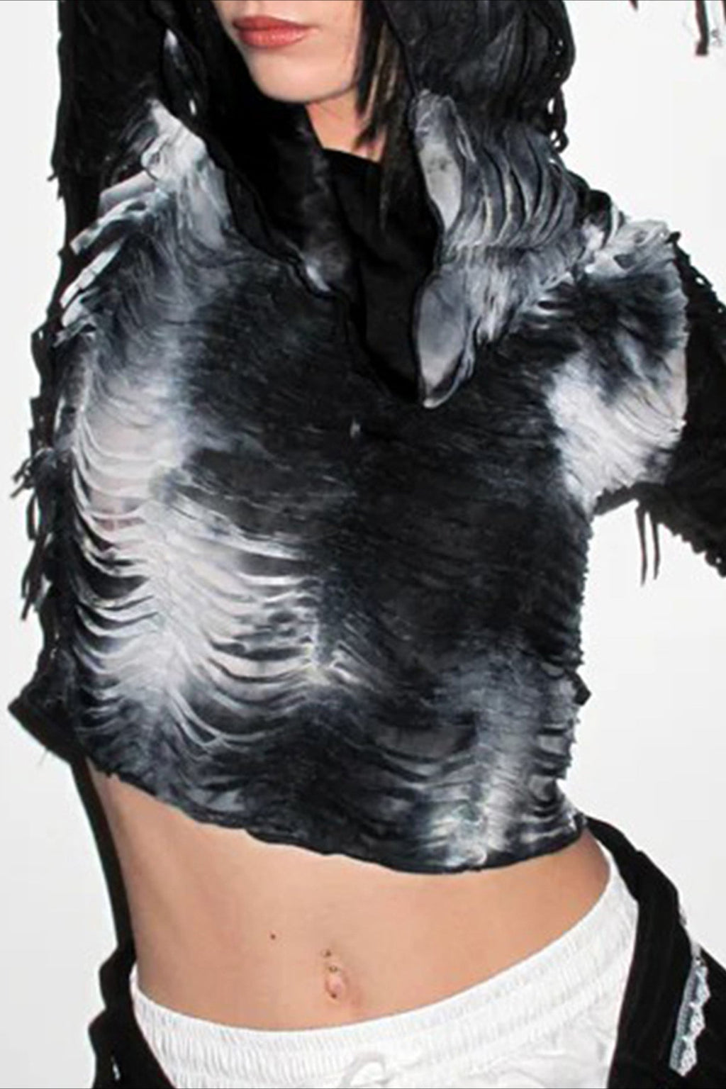 Ruched Distressed Hooded T-Shirt