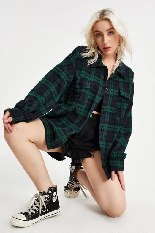 Plaid Stand Collar Button Shirt  Blouse