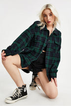 Plaid Stand Collar Button Shirt  Blouse