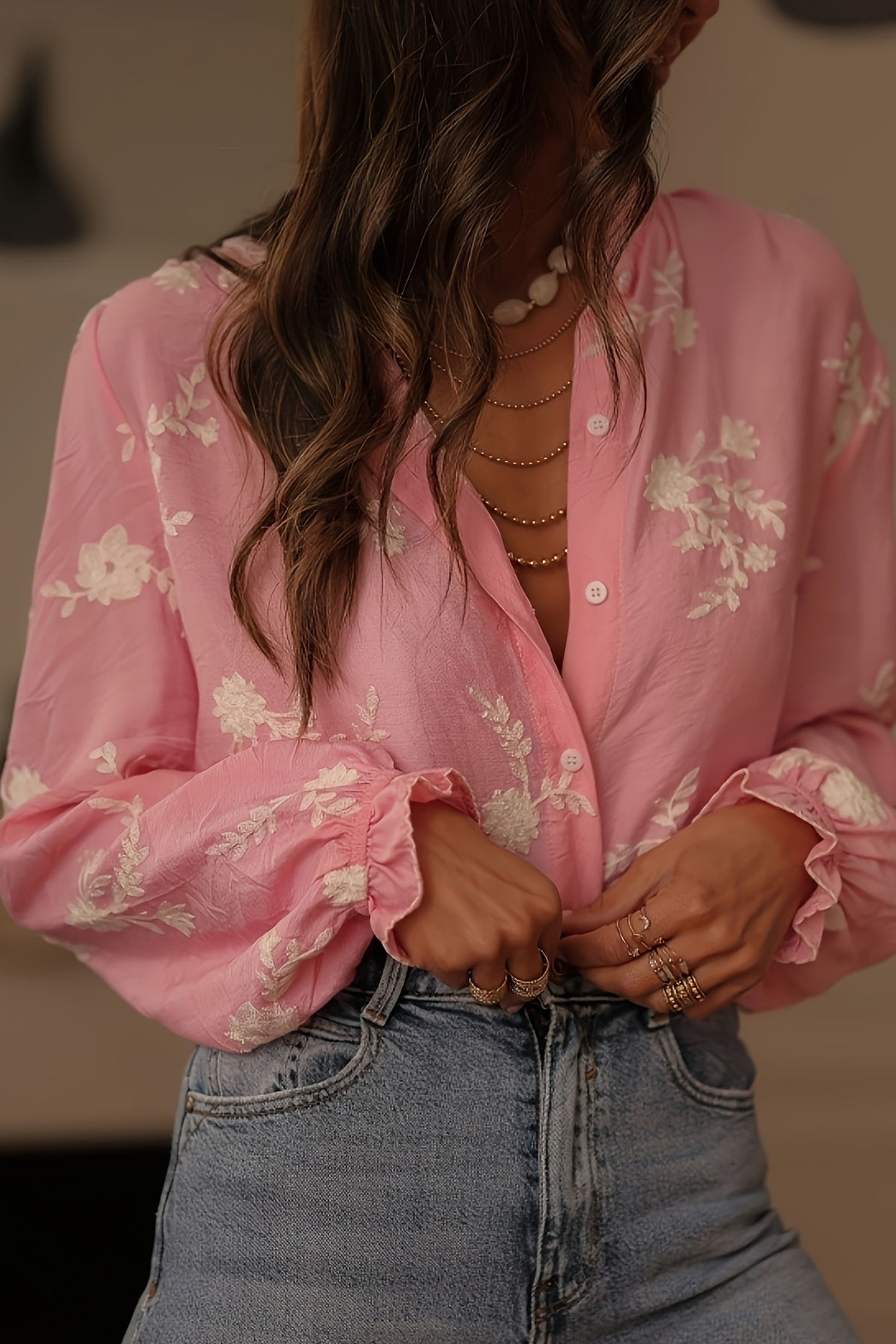 Long Sleeve Printed Lantern Sleeve Blouse