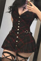 Punk Gothic Deep V Plaid Mini Dress