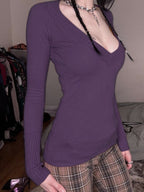 Ribbed Deep V Neck Knit Blouse