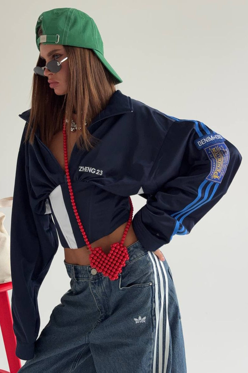 Satin Ruched Half Zip Crop  Blouse