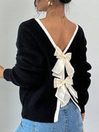 Back Bow Detail Crewneck Knit Sweater