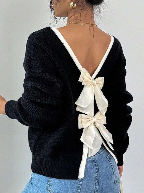 Back Bow Detail Crewneck Knit Sweater