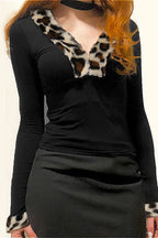 Leopard Print Fleece V-neck Slim Fit Blouse