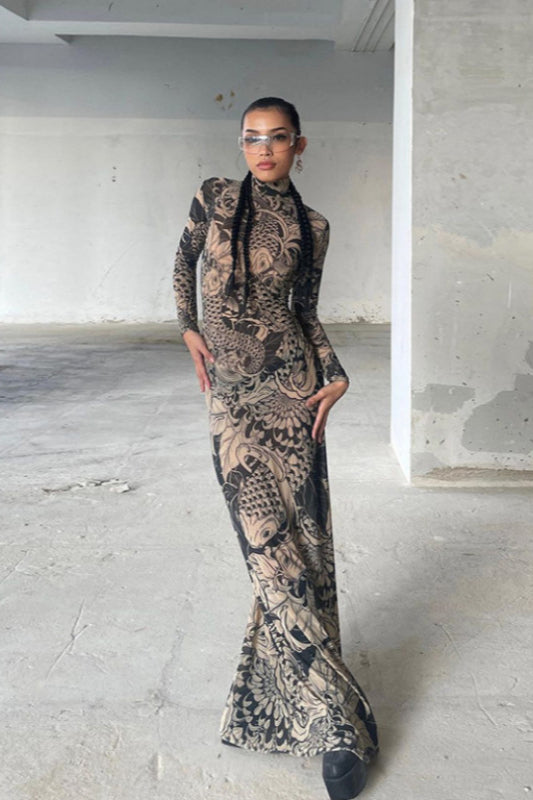 Sheer Floral Mesh High Neck Bodycon Dress