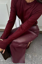 High-Waist Faux Leather Bodycon Skirt with Slit Skirt