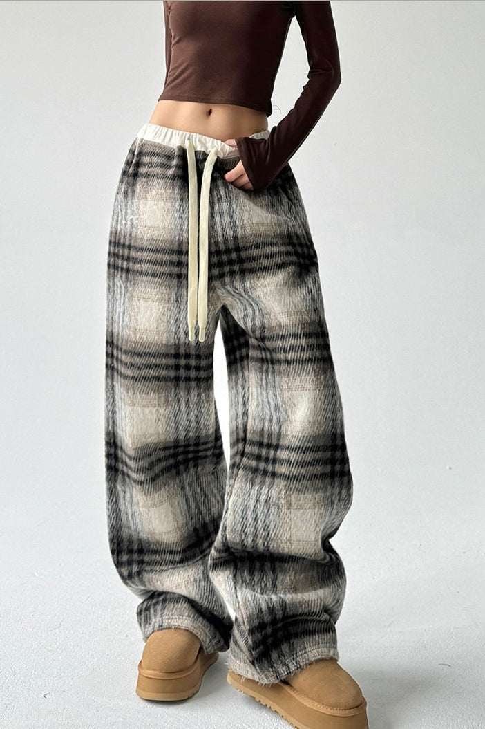 Loose Fit Woolen Plaid Wide Leg Pants
