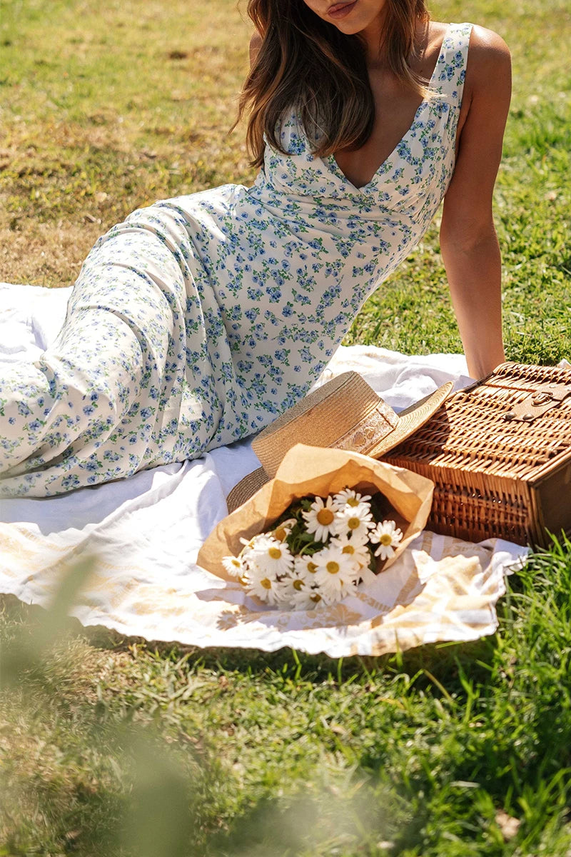 Slip V Neck Backless Floral Dress