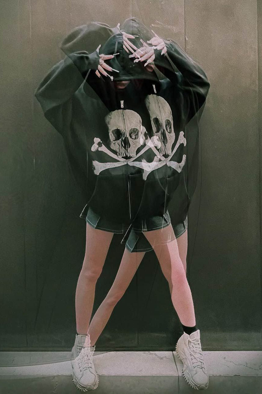 Skull Print Zip Up Hoodie