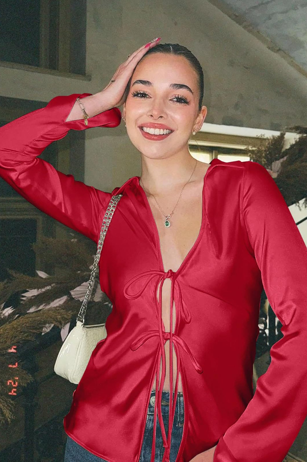 Satin Tie Front Fitted Blouse