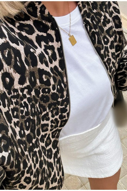 Animal Print Notch Collar Zip-Up Coat