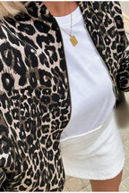 Animal Print Notch Collar Zip-Up Coat