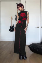 Dark Rose Floral High Neck Sleeveless Side Slit Bodycon Maxi Dress