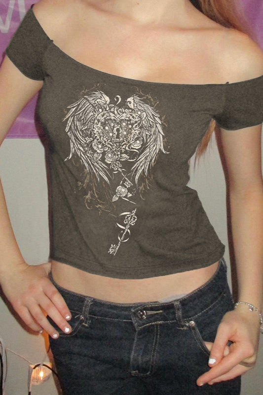 Off Shoulder Wing Print T-shirt