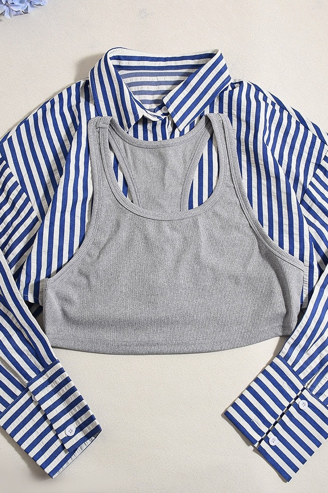 Striped Crop Shirt Two Piece Blouse