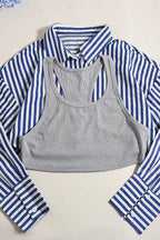 Striped Crop Shirt Two Piece Blouse