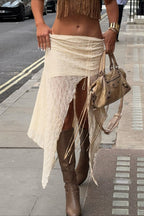 Lace Ruched Split Asymmetrical A-line Skirt