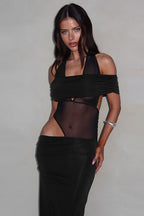 Trendy Off-Shoulder Color Block Bodycon Maxi Dress