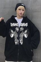 Skull Butterfly Rhinestone Zip Hoodie