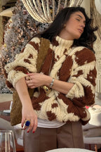 Cow Print Cable Knit Turtleneck Sweater