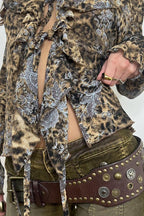 Vintage Animal Print Tie Front Ruffle Blouse