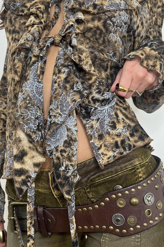 Vintage Animal Print Tie Front Ruffle Blouse