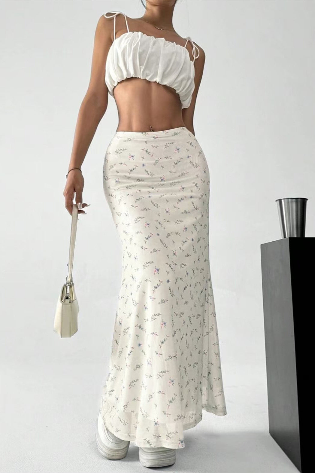 Floral Satin A-Line Midi Skirt