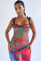 Fashionable Sheer Letter Print Red Lip Maxi Dress