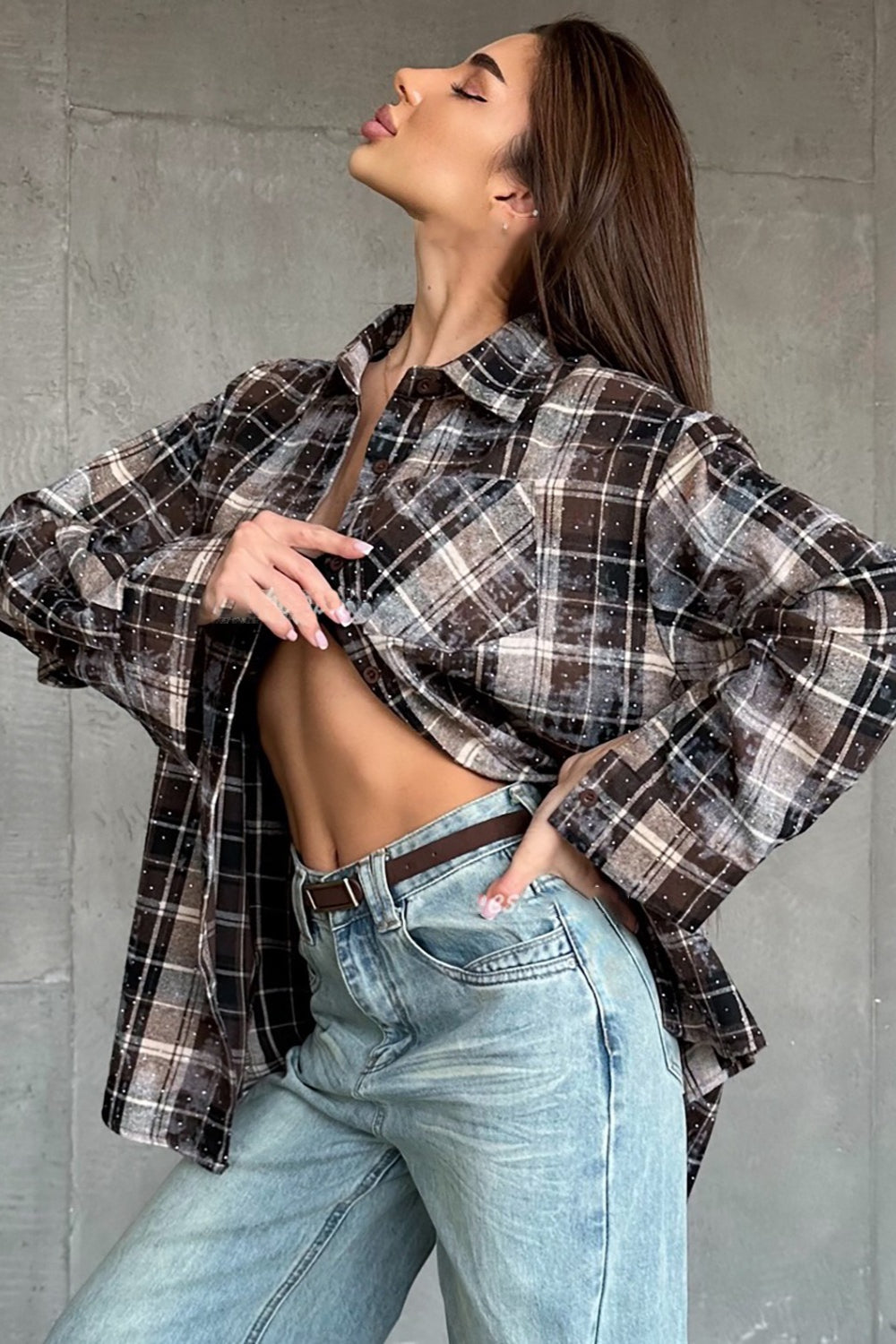 Rhinestone Embellished Plaid Blouse