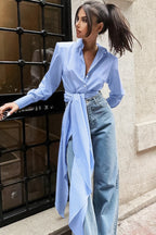 Striped Tie Waist Shirt Blouse