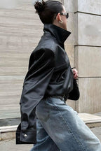 High Neck Leather Moto Jacket