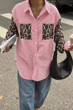 Stripe Leopard Patchwork Long Sleeve Casual Blouse
