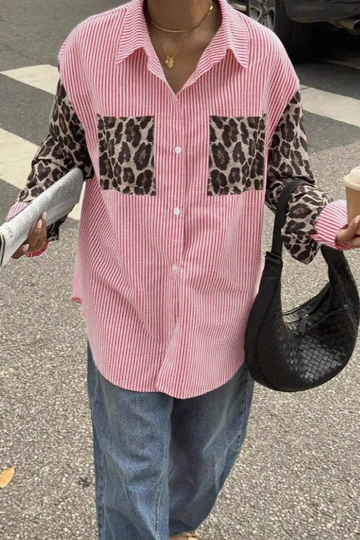 Stripe Leopard Patchwork Long Sleeve Casual Blouse