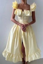 Ruffle Striped Square Collar Floral Dress