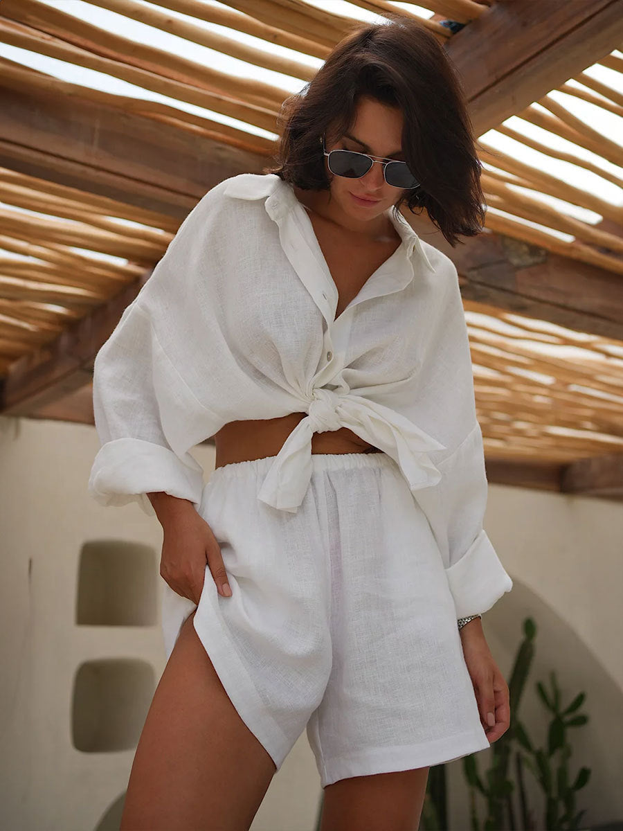 Long Sleeve Shirt Shorts Set Blouse