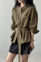 Vintage Waist Cinched Belted Long Sleeve Blouse