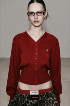 Red V Neck Knit Cardigan Blouse