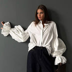 Loose Fit Lantern Sleeve Lapel Blouse