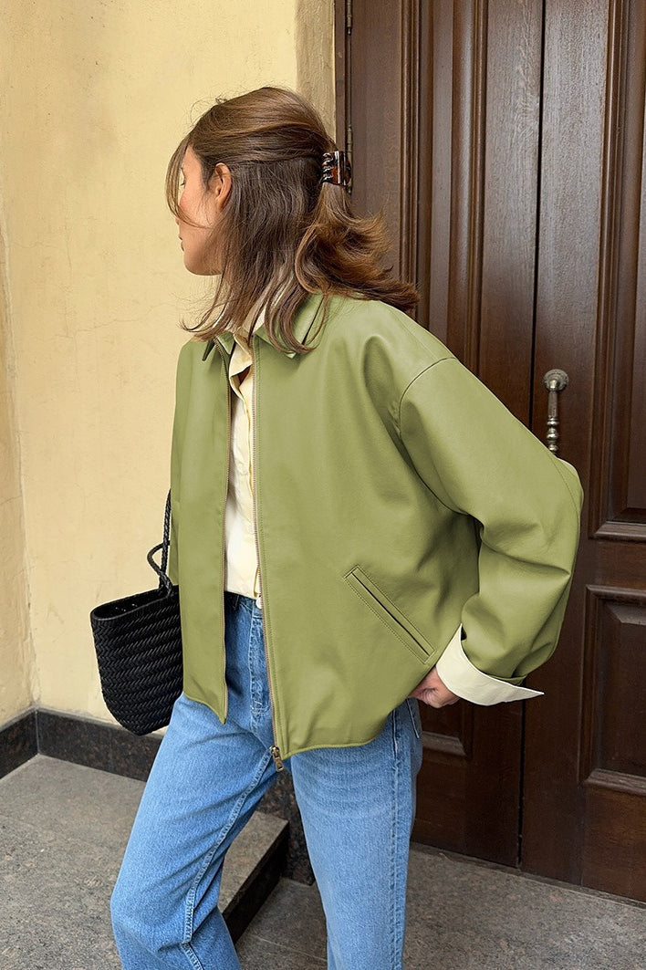 Loose Fit Green Leather Pilot Jacket