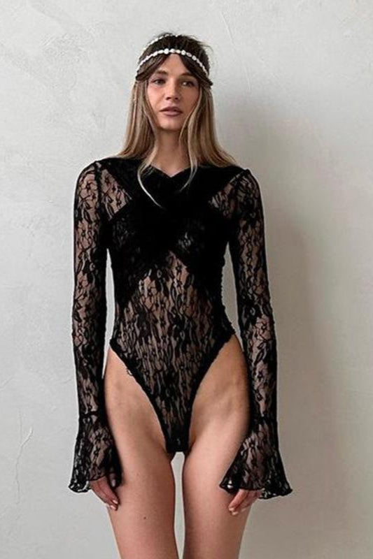 Cross V-Neck Lace Bodysuit Knit Top