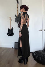 Dark Rose Floral High Neck Sleeveless Side Slit Bodycon Maxi Dress