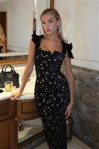 Sexy Hollow Out Slim Bow Lace Up Sleeveless Floral Dress