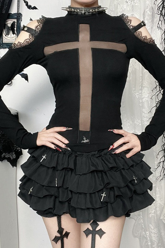 Gothic Cross Sheer Long Sleeve T-Shirt