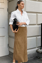 French Minimalist High-Waisted Solid Color Midi Skirt