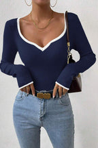V-Neck Ribbed Fitted Knit Sweater