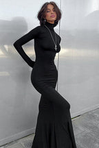 Trendy High Neck Long Sleeve Bodycon Maxi Dress