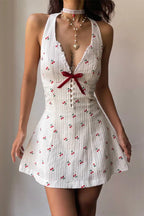 Cherry Print Halter Backless Mini Dress